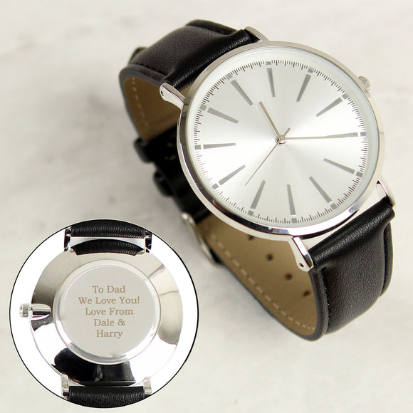 Personalised Silver Watch with Black Leather Strap