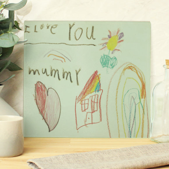 Personalised Childrens Drawing Glass Chopping Board/Worktop Saver